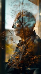 Poster - A man is sitting in a chair with a view of trees outside. The man is wearing glasses and he is looking out the window. The image has a calm and peaceful mood, as the man is sitting