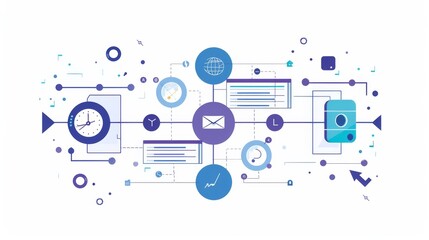 Poster - A blue and white image of a network of devices with a clock in the middle. The clock is surrounded by a blue circle and the other devices are in a blue circle as well. The devices include a cell phone