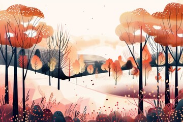 Poster - A painting of a forest with trees in the foreground and background. The trees are orange and the sky is blue