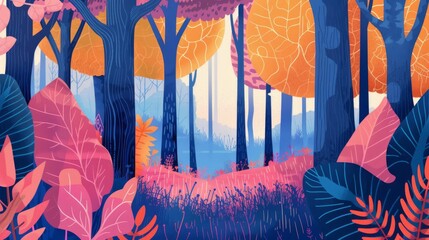 Poster - A colorful forest scene with trees and bushes. The trees are pink and blue, and the bushes are purple. Scene is peaceful and serene, with the colors of the trees