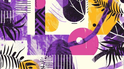 Aufkleber - A colorful abstract painting of a tropical scene with a purple and yellow background. The painting is full of different shapes and colors, including a large purple leaf and a yellow circle