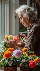 Poster - A woman is sitting by a window with a bunch of flowers in a vase. She is looking at the flowers and seems to be enjoying their beauty. The flowers are of different colors, including pink, orange