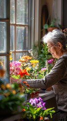 Poster - A woman is tending to a flower arrangement in a window. The flowers are colorful and the woman is smiling