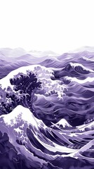 Poster - A painting of a wave with mountains in the background. The painting has a mood of calmness and serenity