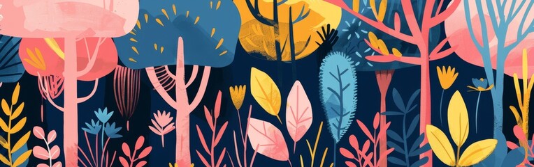 Aufkleber - A colorful painting of a forest with trees and flowers. The painting is full of life and energy, with a bright and cheerful mood. The colors are vibrant and the brushstrokes are bold