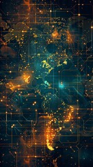 Poster - A pixelated world map with chunky continents, glowing nodes representing major data hubs, pulsating beams of light as network traffic