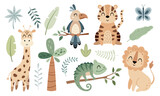 Fototapeta  - Jungle animals clipart. Tropical clipart. Safari animal clip art in cartoon flat style. Tropical plants. Hand drawn vector illustration.