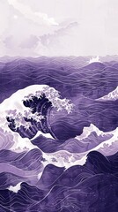 Aufkleber - A painting of a wave with a purple background. The mood of the painting is calm and peaceful