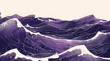 Aufkleber - A painting of a purple ocean with waves and mountains in the background. The mood of the painting is serene and peaceful