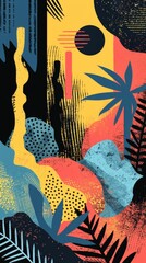 Poster - A colorful painting of a tropical forest with a palm tree. The painting is full of abstract shapes and patterns, giving it a lively and energetic feel. The colors are bright and bold