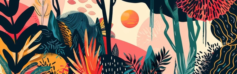 Poster - A colorful painting of a jungle with a sun in the sky. The painting is full of life and energy, with a variety of plants and trees. The sun is shining brightly, casting a warm glow over the scene
