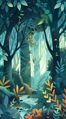 Poster - A painting of a forest with trees and a stream. The mood of the painting is peaceful and serene