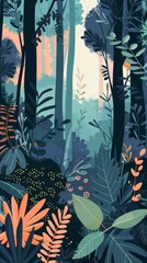 Poster - A painting of a forest with a lot of green and blue colors. The painting has a lot of trees and plants, and it looks like a peaceful and calming scene