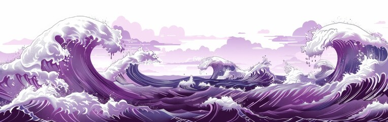 Fototapete - The image is a beautiful representation of a wave crashing on a beach. The wave is purple and white, and it is very powerful. Scene is one of awe and wonder