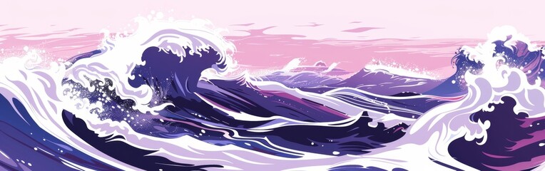 Poster - A wave crashing in the ocean with a pink and purple sky in the background