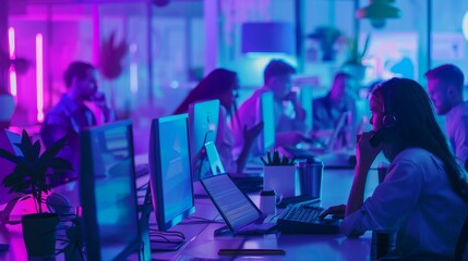 Poster - a woman is on the phone in a brightly lit office with several other people working on their computer