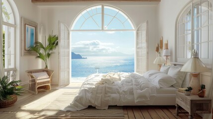 Aufkleber - A bedroom with a large window overlooking the ocean. The room is decorated in a minimalist style with white furniture and a few plants
