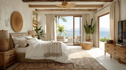 Poster - A large bedroom with a white bed, a white rug, and a white curtain. The room has a beach theme with a view of the ocean