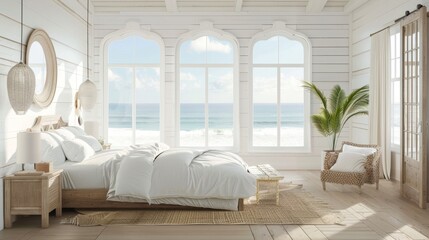 Aufkleber - A bedroom with a large window overlooking the ocean. The room is decorated in a minimalist style with white furniture and a few plants