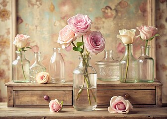 Wall Mural - Beautiful roses in glass vases and vials on an antique wooden chest of drawers. A bouquet of flowers in a vase in a home interior. Light, beige, pink floral background.