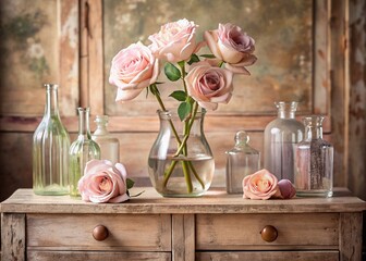 Wall Mural - Beautiful roses in glass vases and vials on an antique wooden chest of drawers. A bouquet of flowers in a vase in a home interior. Light, beige, pink floral background.