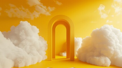 Wall Mural - 3d yellow minimalist room background with dreamy white clouds.