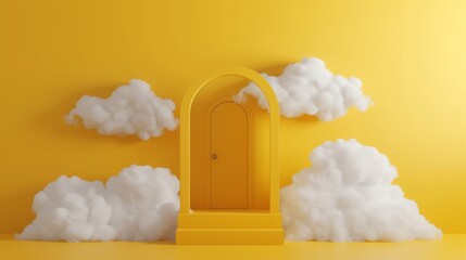 Wall Mural - 3d yellow minimalist room background with dreamy white clouds.