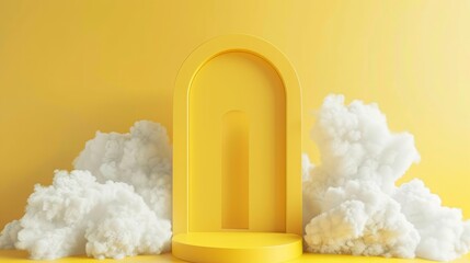 Wall Mural - 3d yellow minimalist room background with dreamy white clouds.
