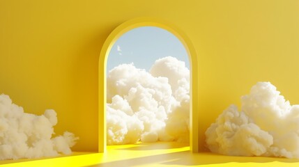 Wall Mural - 3d yellow minimalist room background with dreamy white clouds.