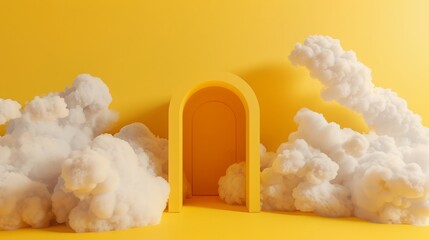 Wall Mural - 3d yellow minimalist room background with dreamy white clouds.
