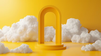Wall Mural - 3d yellow minimalist room background with dreamy white clouds.