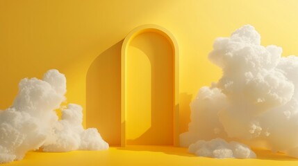 Wall Mural - 3d yellow minimalist room background with dreamy white clouds.