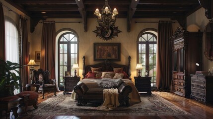 Leinwandbilder - A large, ornate bedroom with a chandelier hanging from the ceiling. The room is filled with furniture, including a bed, dresser, and nightstand. There are also several lamps and a potted plant