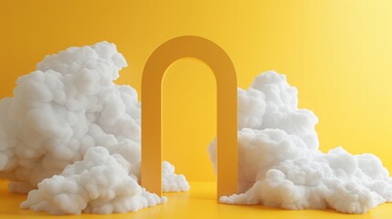 Poster - 3d yellow minimalist room background with dreamy white clouds.