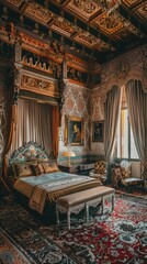 Poster - A large bedroom with a bed, a chair, and a table. The bed is covered with a white comforter and a blue blanket. The room has a very elegant and luxurious feel to it