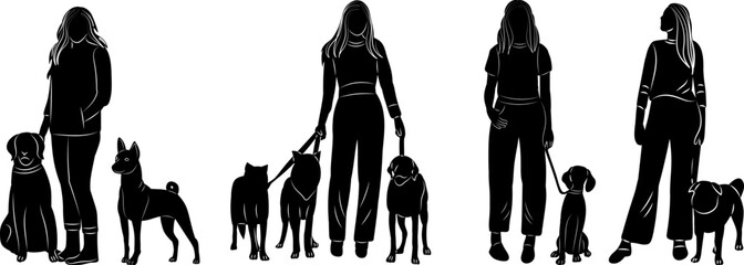 Wall Mural - dogs on a leash with mistress silhouette on a white background vector