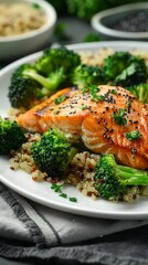 Wall Mural - A plate of food with salmon and broccoli on it