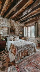 Poster - A bedroom with a bed, nightstand, and a rug. The bed is covered with a white blanket and pillows. The room has a rustic, cozy feel with a stone wall and wooden accents