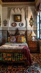 Poster - A colorful bed with pillows and a blanket on a carpeted floor. The bed is surrounded by a wall of tiles and has a lamp on a nightstand