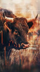 Leinwandbilder - A bull with horns is staring at the camera. The image is a mix of real and digital elements, with the bull's horns appearing to be made of pixels. Scene is somewhat eerie and unsettling