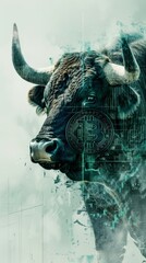 Leinwandbilder - A bull with a large horn is standing in front of a large bitcoin symbol. The bull is surrounded by a green and blue background, giving the image a futuristic and technological feel