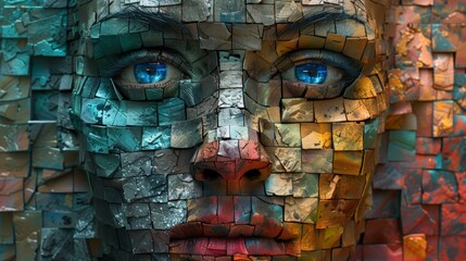 Leinwandbilder - A digital mosaic of blocks forming an abstract face.