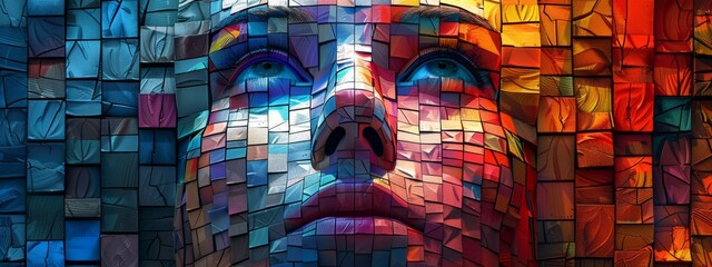Leinwandbilder - A digital mosaic of blocks forming an abstract face.