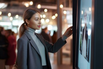 innovative framework for self-service kiosks solution. businesswomen using touch screen display to confirm order or payment of product, service at a kiosk machine