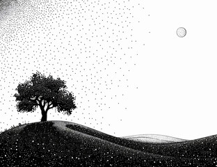 Wall Mural - a black and white drawing of a tree on a hill