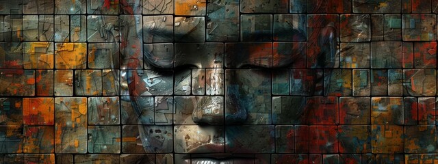 Leinwandbilder - A digital mosaic of blocks forming an abstract face.