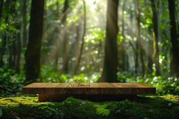 Wall Mural - A wooden bench in the middle of a forest.