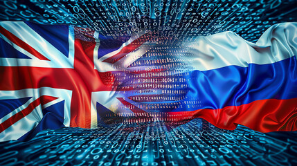 Digital representation of UK and Russia flags intertwined with binary code