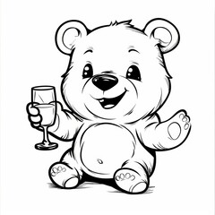 Poster - Chibi Bear Plush Toy drinking, drawn in monochrome with clear, thick lines for a preschool coloring book, simple cartoon style, isolated on a white background