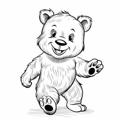 Wall Mural - Cheerful Bear Plush Toy walking, drawn in black and white with clear, thick lines for a preschool coloring book, simple cartoon style, isolated on a white background